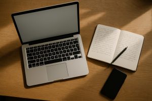 Scrivania con computer portatile, taccuino e smartphone, vista dall'alto