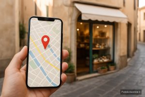 Smartphone con una mappa aperta davanti alla vetrina di un negozio